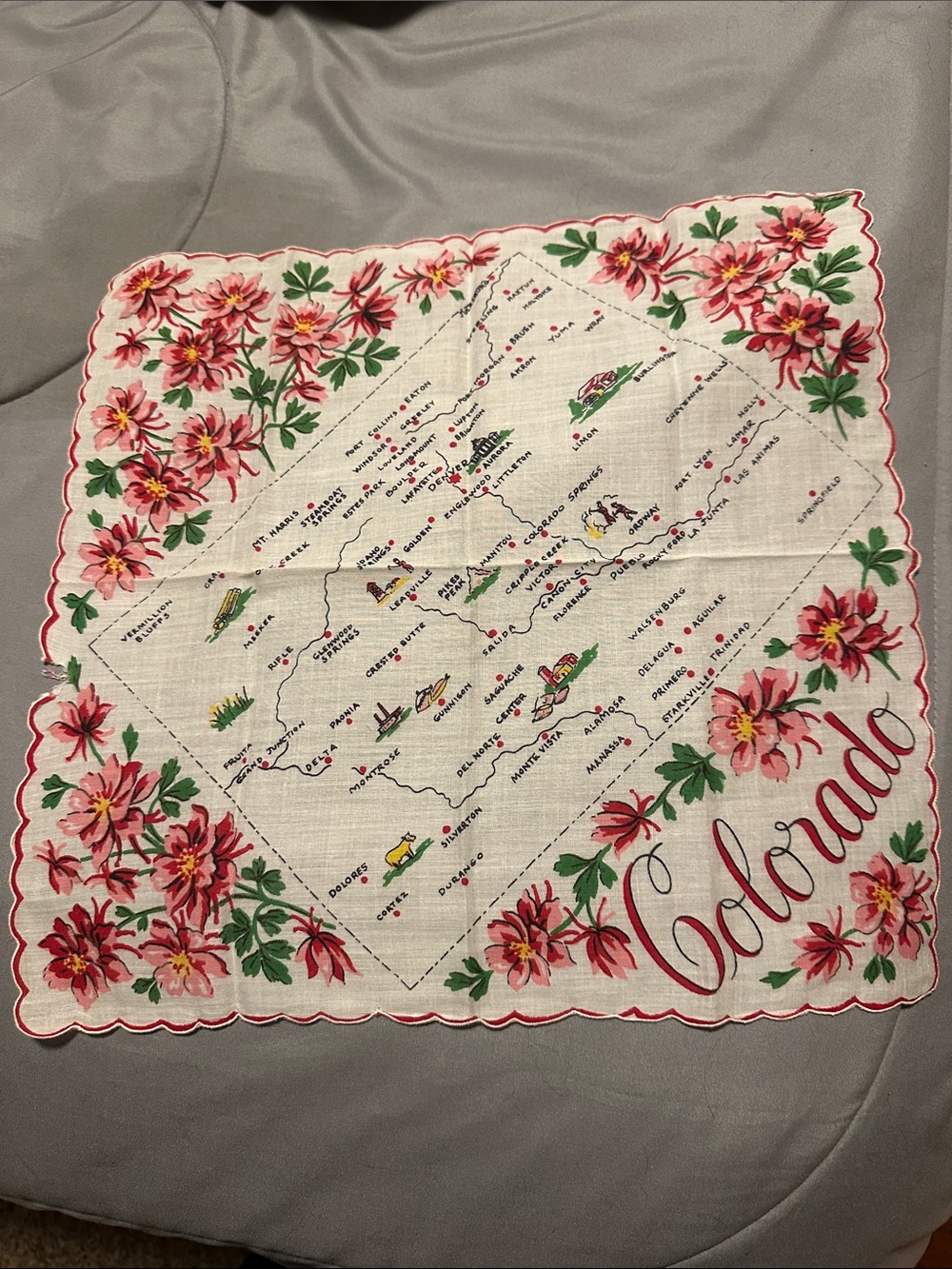 Vintage Colorado Floral Souvenir Handkerchief - Pink and Green